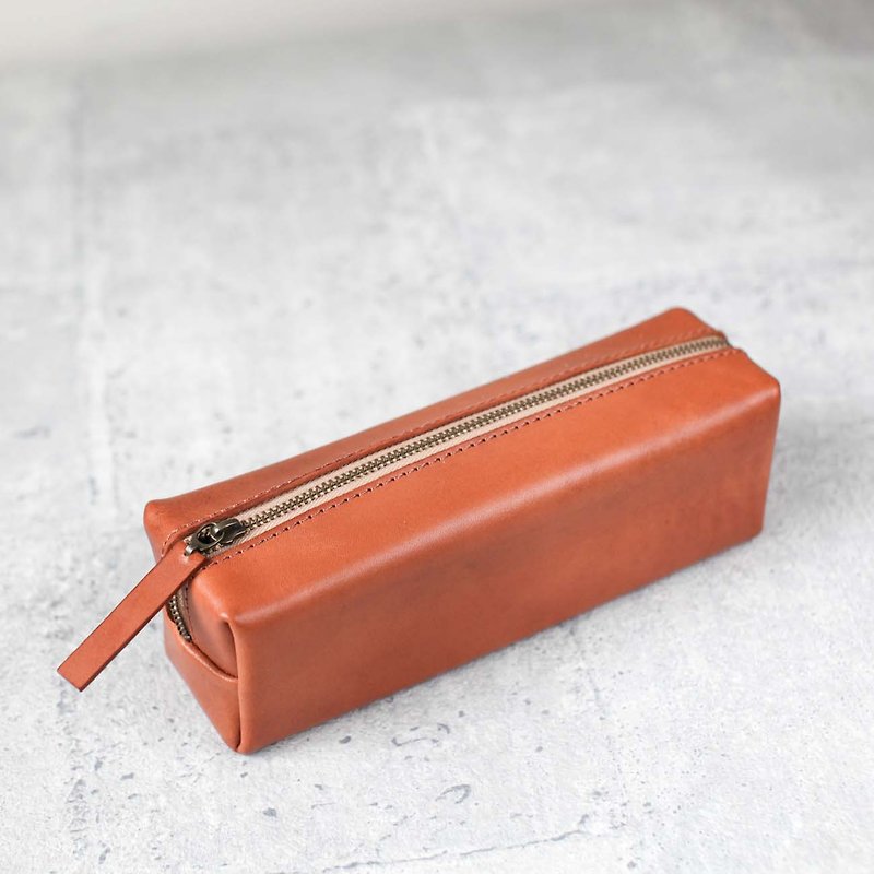 焦糖橘特大款植韖皮立體植鞣真皮革筆袋小物盒 - 筆盒/筆袋 - 真皮 金色