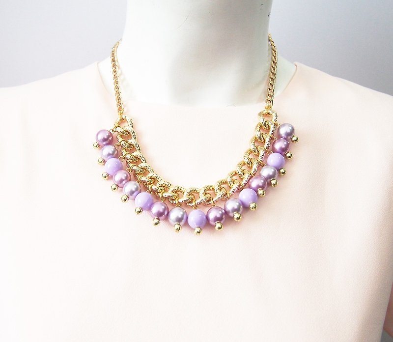Chain necklace with pearl purple beads - สร้อยคอ - วัสดุอื่นๆ สีม่วง