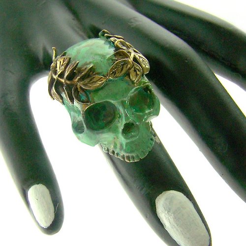 MAFIA JEWELRY Patina Skull with leaf crown ring in brass with green patina color ,Rocker jewelry ,Skull jewelry,Biker jewelry