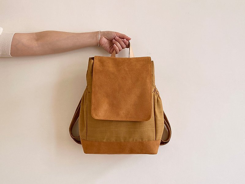 Handmade double brown canvas embellished with leather back backpack - Backpacks - Cotton & Hemp Brown