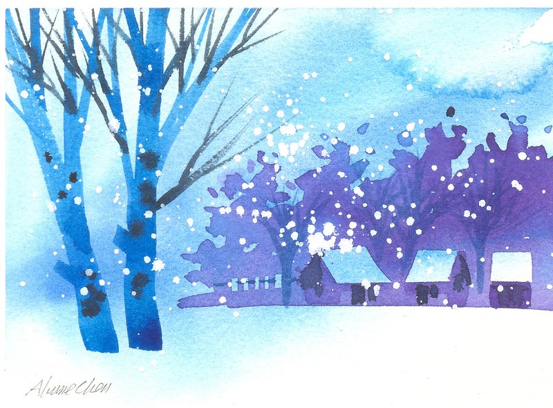 療癒系樹林系列b4-水彩手繪限量版明信片/聖誕卡 - 心意卡/卡片 - 紙 藍色