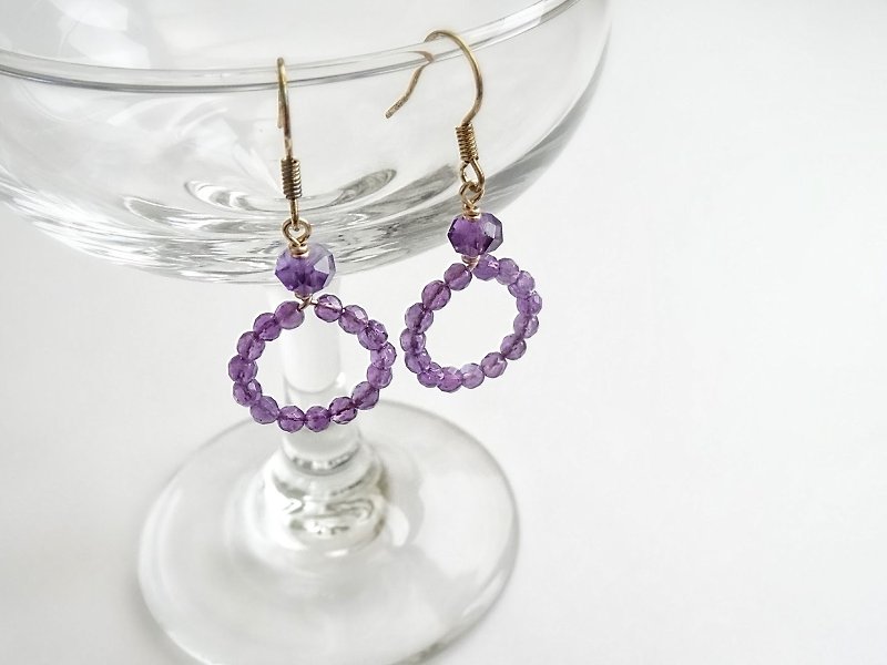 Amethyst Faceted Beads Diamond Ring Brass Dangle Earrings | Darker Purple - Earrings & Clip-ons - Semi-Precious Stones Purple
