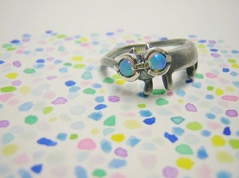 miaow with rainbow spectacles on ( cat sterling silver opal ring 貓 猫 虹 镜子 蛋白石 ) - แหวนทั่วไป - เงินแท้ 