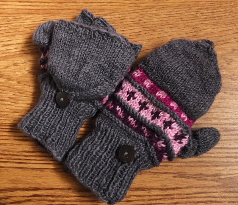 【Grooving the beats】Handmade Wool Mittens, Convertible Mittens, Fingerless Mittens, Wool Gloves, Hand knit Mittens, Hand knit Gloves（Classic _Light Grey+Purple） - ถุงมือ - วัสดุอื่นๆ สีม่วง