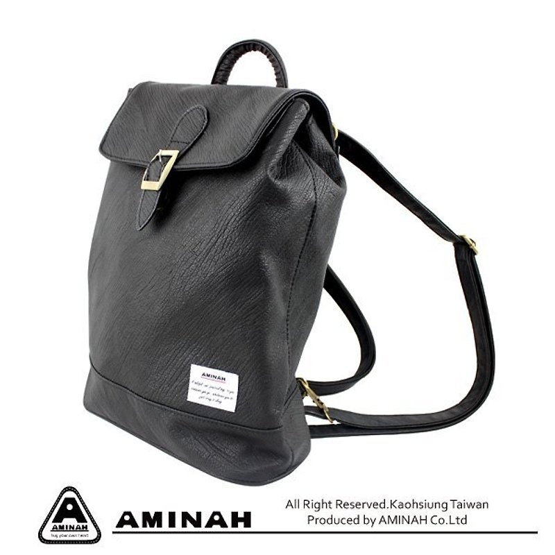 AMINAH-秋季漸濃-可愛童話兩用小背包-黑色 - Messenger Bags & Sling Bags - Genuine Leather Black