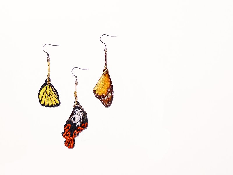 [Woven Lin] embroidery. Butterfly feather earrings / monarch butterflies, wide tail butterfly, butterfly pearl / stainless steel ear hook zone
