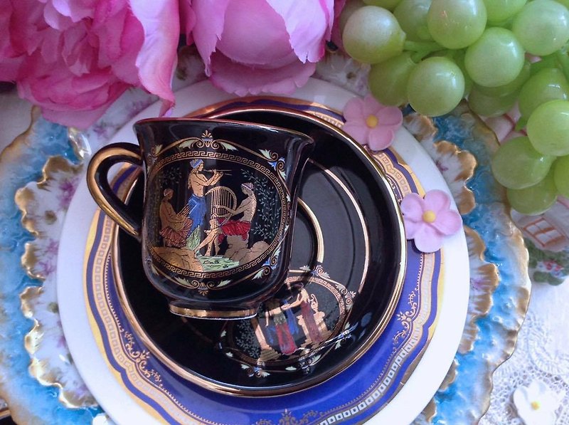 ♥♥アニーマッドギリシャの古美術品塗装セラミック手作り24Kゴールドトーテムギリシャ神話シリーズのコーヒーカップ二つのグループ - 贈り物 - マグカップ - その他の素材 ブラック