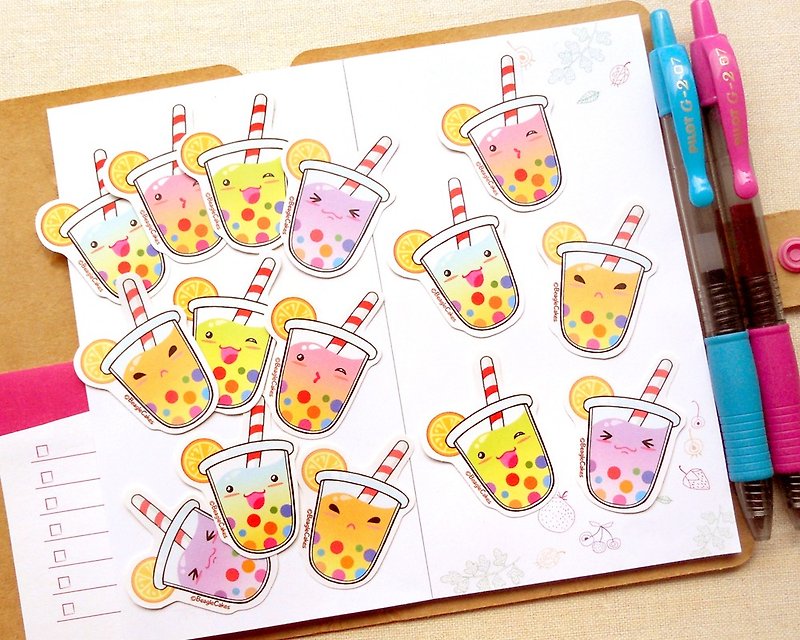 彩虹珍珠奶茶貼紙 (15入) - Rainbow Bubble Tea Stickers - 貼紙 - 紙 多色