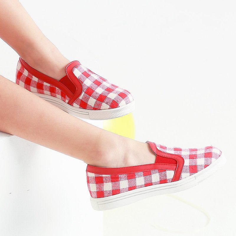 台灣製 格子女童休閒鞋-紅白格 - 童裝鞋 - 棉．麻 紅色