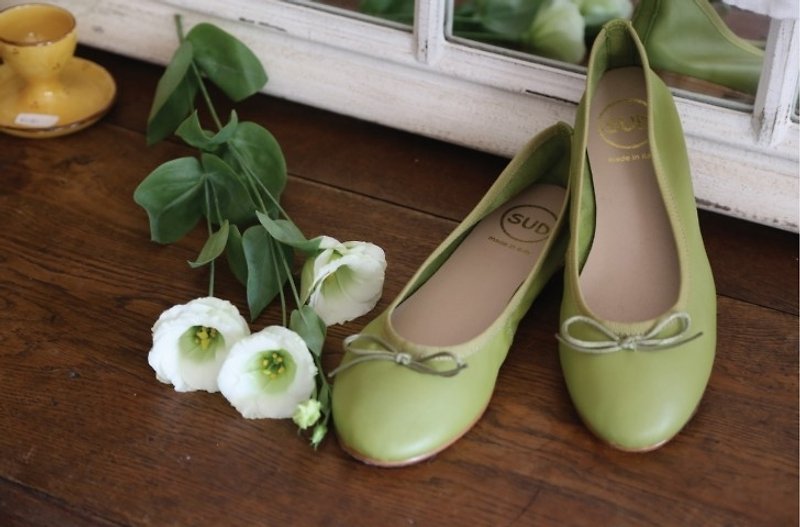 SUD leather ballet shoes Macaron matcha green - Women's Casual Shoes - Genuine Leather Green