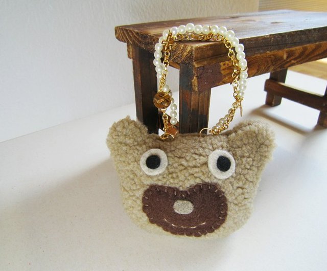 Bear Bag Charm, Handmade Plush Bear, Beads, Metal Chain, Dark