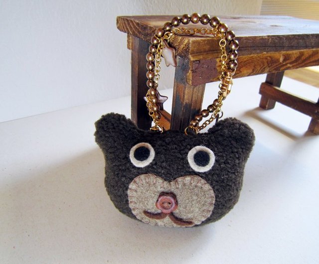 Bear Bag Charm, Handmade Plush Bear, Beads, Metal Chain, Dark