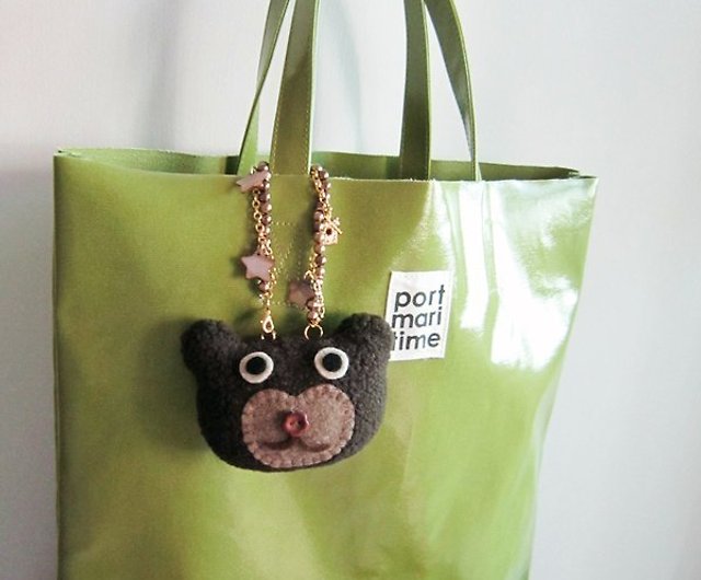 Bear Bag Charm, Handmade Plush Bear, Beads, Metal Chain, Dark
