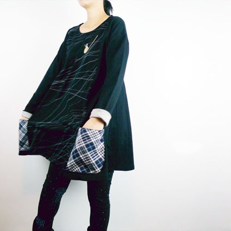 : Urb [fishing] the moon and stars noodles female / long sleeve dress coat style umbrella pocket money / black. - ชุดเดรส - ผ้าฝ้าย/ผ้าลินิน สีดำ