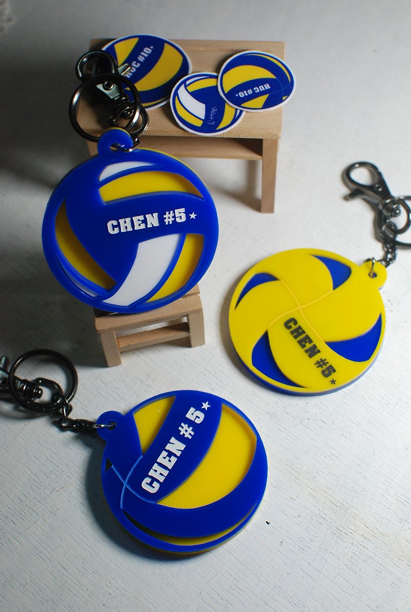 Volleyball key ring custom / blue, yellow and white style / engraved name / school name + back number / anniversary / graduation gift - ที่ห้อยกุญแจ - อะคริลิค สีน้ำเงิน