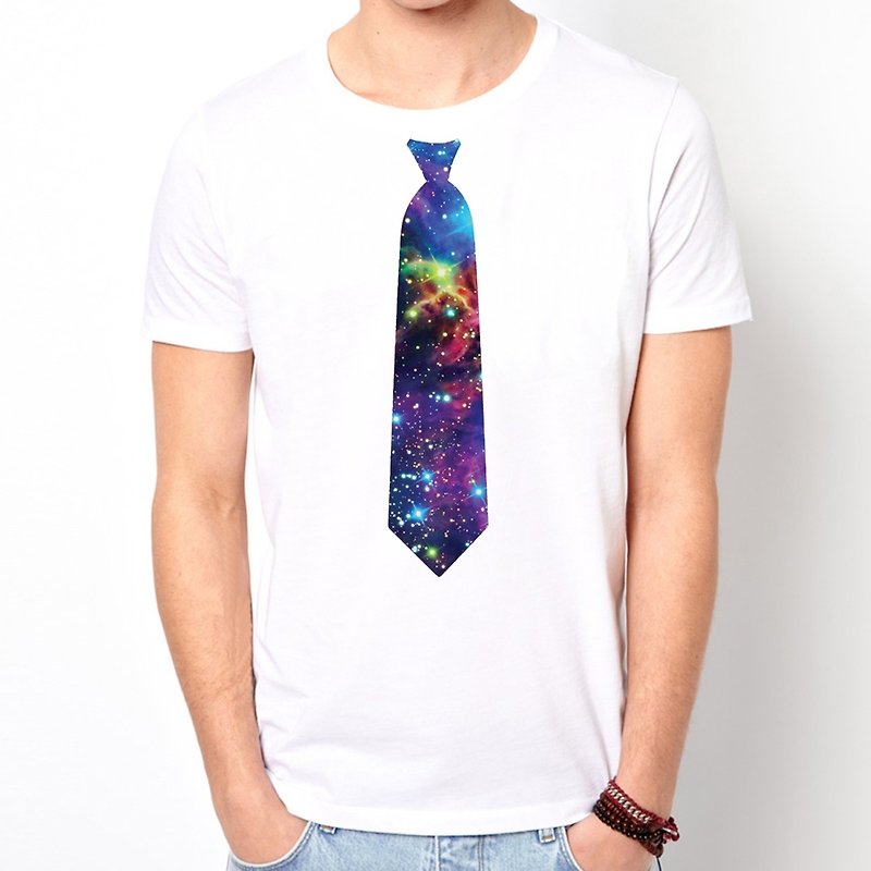 Printed Tie-Galaxy Short Sleeve T-Shirt-White Milky Way Fake Tie Universe Design Homemade Brand Trendy Round Triangle - Men's T-Shirts & Tops - Other Materials White
