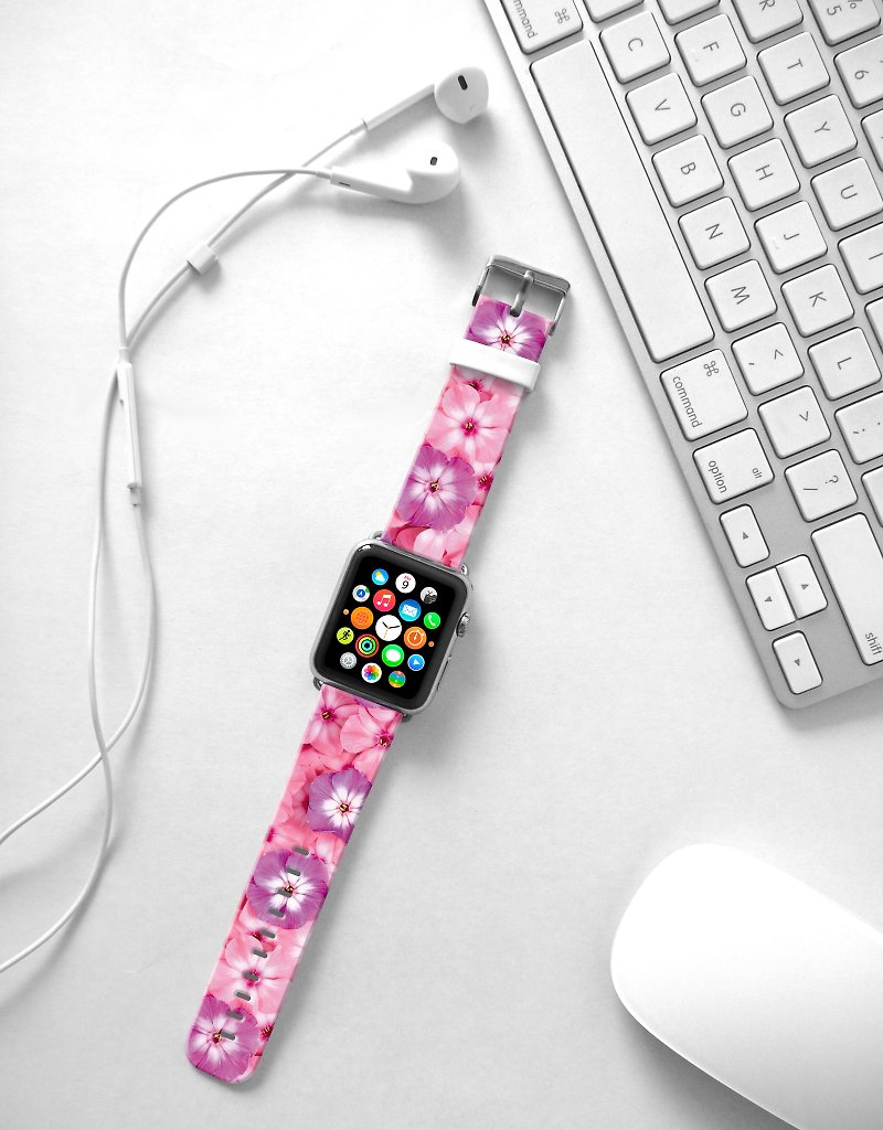 Apple Watch Series 1 , Series 2, Series 3 -Pink Morning Glory Floral pattern Watch Strap Band for Apple Watch / Apple Watch Sport - 38 mm / 42 mm avilable - Watchbands - Genuine Leather 
