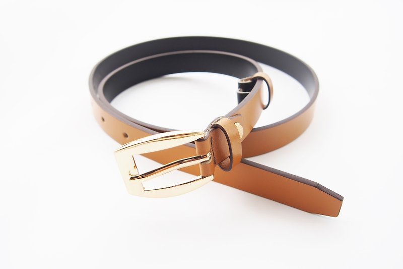 Brown genuine leather woman belt with gold buckle - cut to size - Belts - Genuine Leather Brown