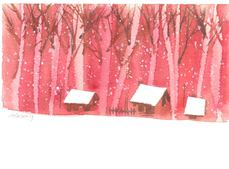 「療癒系樹林系列1-77」水彩手繪限量版明信片/聖誕卡 - 心意卡/卡片 - 紙 紅色