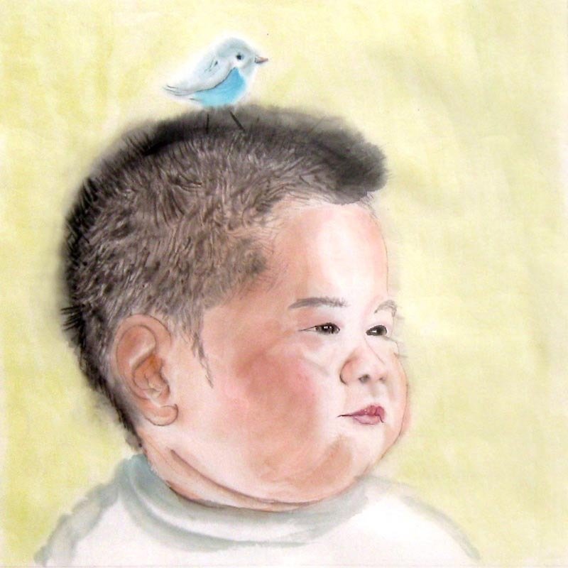訂製國畫肖像畫-赤子心之媽媽的乖寶寶-25x25cm畫心 - 似顏繪/人像畫 - 紙 黃色