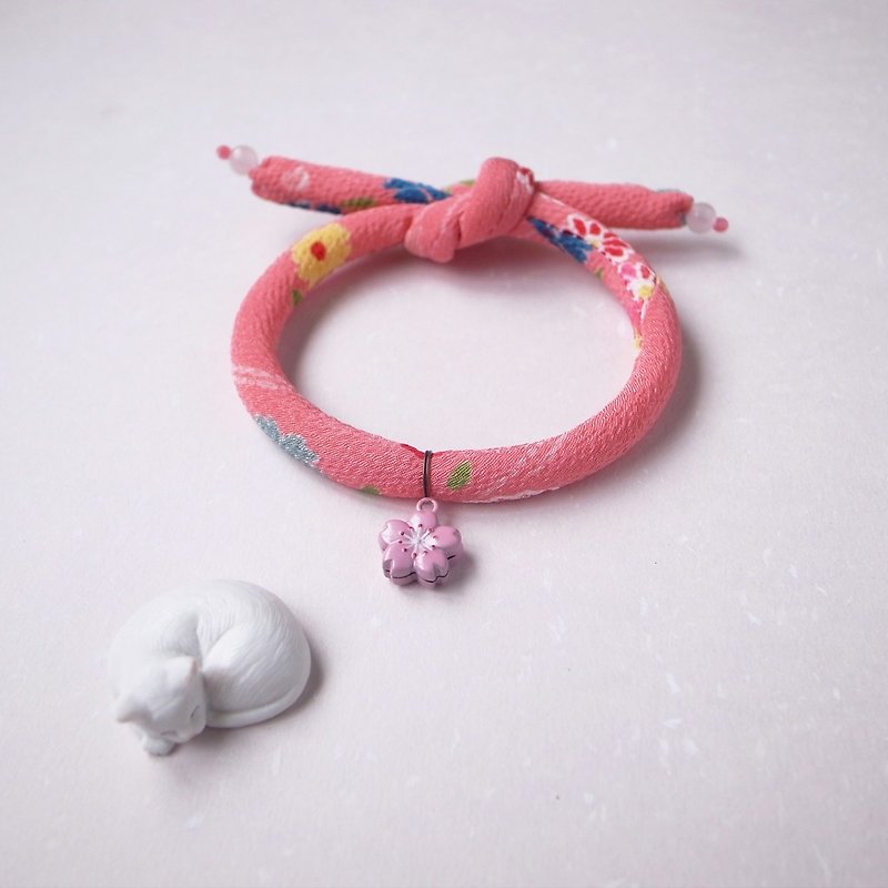 日本犬貓和布頸圈 項圈(單結式)--濃珊瑚粉+粉櫻鈴鐺_S號 - 貓狗頸圈/牽繩 - 絲．絹 粉紅色