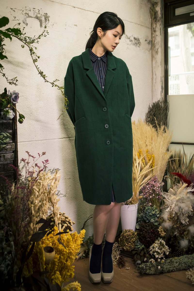 Checked Coat 格紋大衣(綠） - 女大衣/外套 - 其他材質 綠色