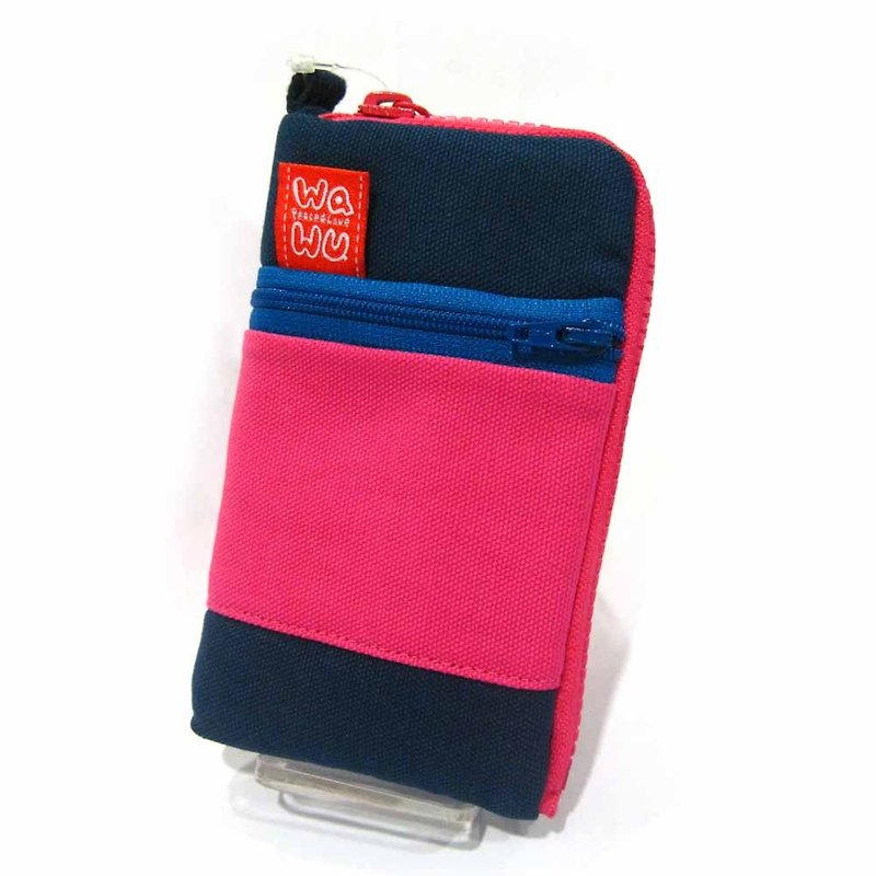 Mobile phone pocket (blue-pink) - เคส/ซองมือถือ - ผ้าฝ้าย/ผ้าลินิน สีน้ำเงิน