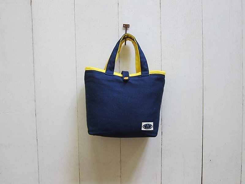 Macaron Series-Canvas Small Tote Bag Navy Blue + Fresh Yellow (Wooden Buckle Opening) - กระเป๋าถือ - วัสดุอื่นๆ หลากหลายสี