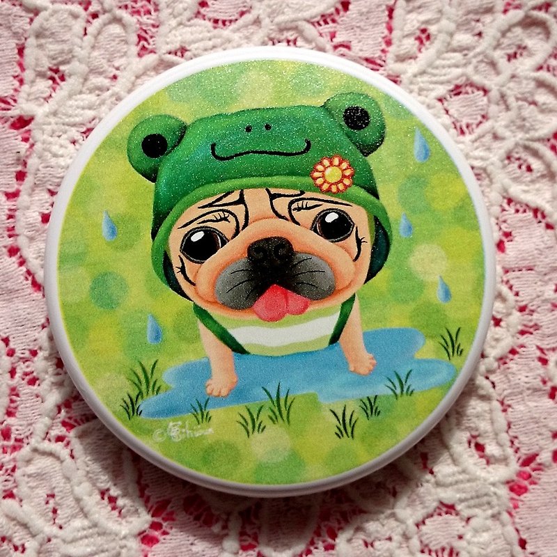 Pug Pocket Mirror-Frog raincoat - Makeup Brushes - Plastic White