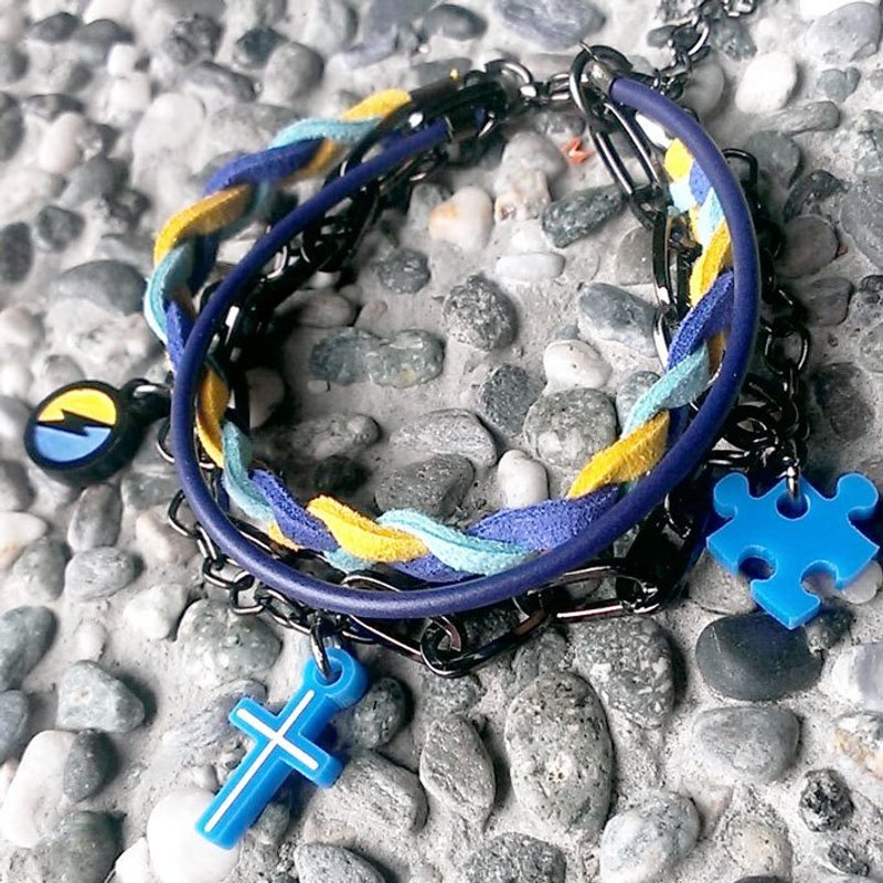 十字架/拼圖/彩色閃電/深藍水藍黃色編繩搭配多層次手鍊 - Bracelets - Plastic Blue