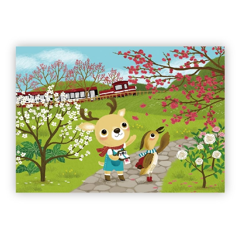 [Poca] Illustrated postcard: Sika deer viewing cherry blossoms (No. 34) - Cards & Postcards - Paper 