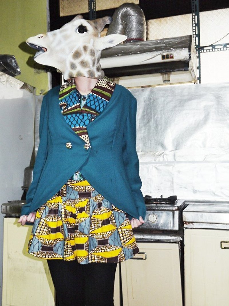 Post Free Shipping! Yang Ga YOUNGA African fabric lapel jacket (blue-green): Miss Giraffe - เสื้อแจ็คเก็ต - วัสดุอื่นๆ สีน้ำเงิน