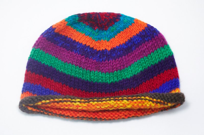 New Year gift hand-knitted pure wool hat / knitted wool hat / hand knitted wool hat / woolen hat (made in nepal)-rainbow stripes - Hats & Caps - Other Materials Multicolor
