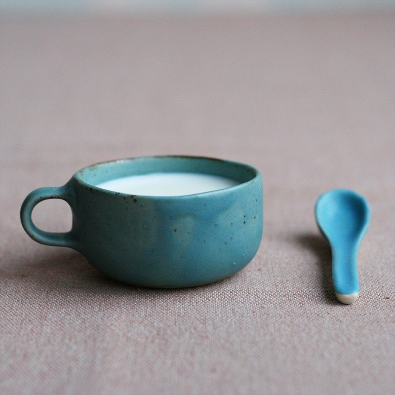 [Blues Solo] I eat a monaural mini Tim ceramic cup spoon two groups - Mugs - Other Materials Blue