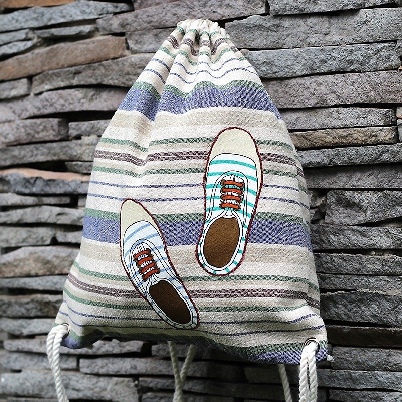 ❖ gray stripes Drawstring / Blue Stripe pouch - exclusive selling handmade hand-made bag ❖ - Drawstring Bags - Other Materials White