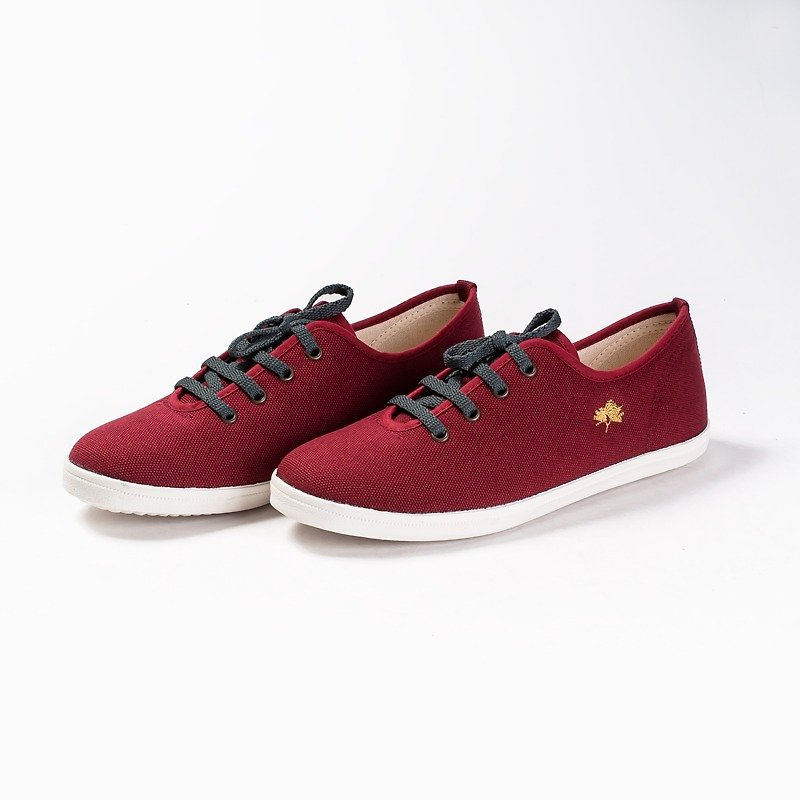 Lace-up casual shoes Flat Sneakers with Japanese fabrics Leather insole - รองเท้าลำลองผู้หญิง - ผ้าฝ้าย/ผ้าลินิน สีแดง