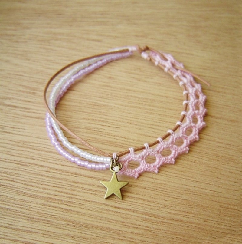 Small lace 34. Great small travel (pink). Forest Department braided bracelet. star. Lace. Asymmetry. Multilevel - Bracelets - Cotton & Hemp Pink