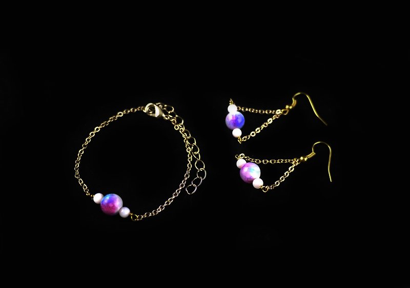 【Moonlight】Jade Pearl Bracelet Earring Jewelry Set - ต่างหู - วัสดุอื่นๆ หลากหลายสี