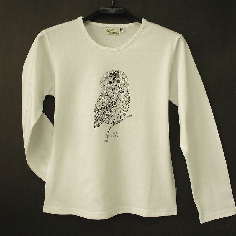 Yeluo Organic Cotton [Owl] Women's Long Sleeve - เสื้อยืดผู้หญิง - ผ้าฝ้าย/ผ้าลินิน ขาว
