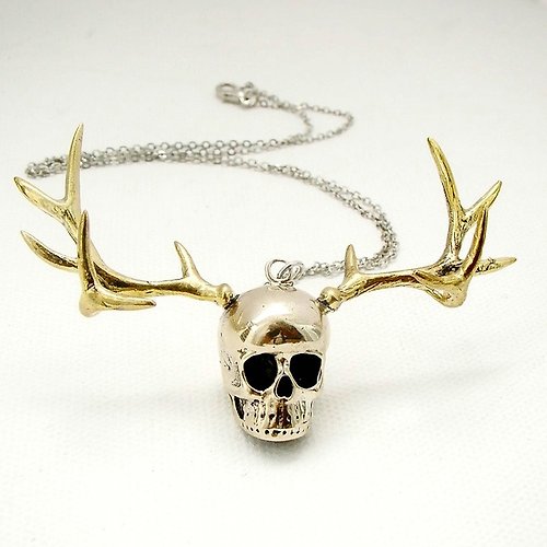 MAFIA JEWELRY Skull with stag horn pendant ,Rocker jewelry ,Skull jewelry,Biker jewelry