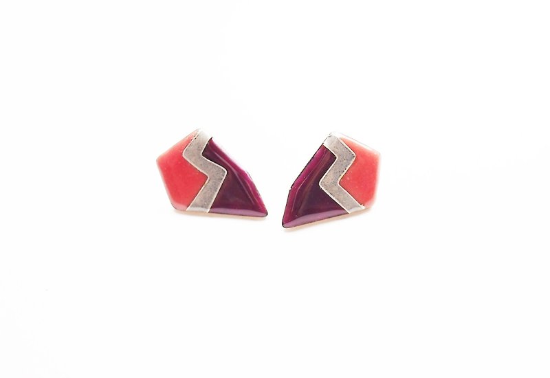復古菱形紋掐絲琺瑯耳環(桃粉色) - 耳環/耳夾 - 其他金屬 紅色