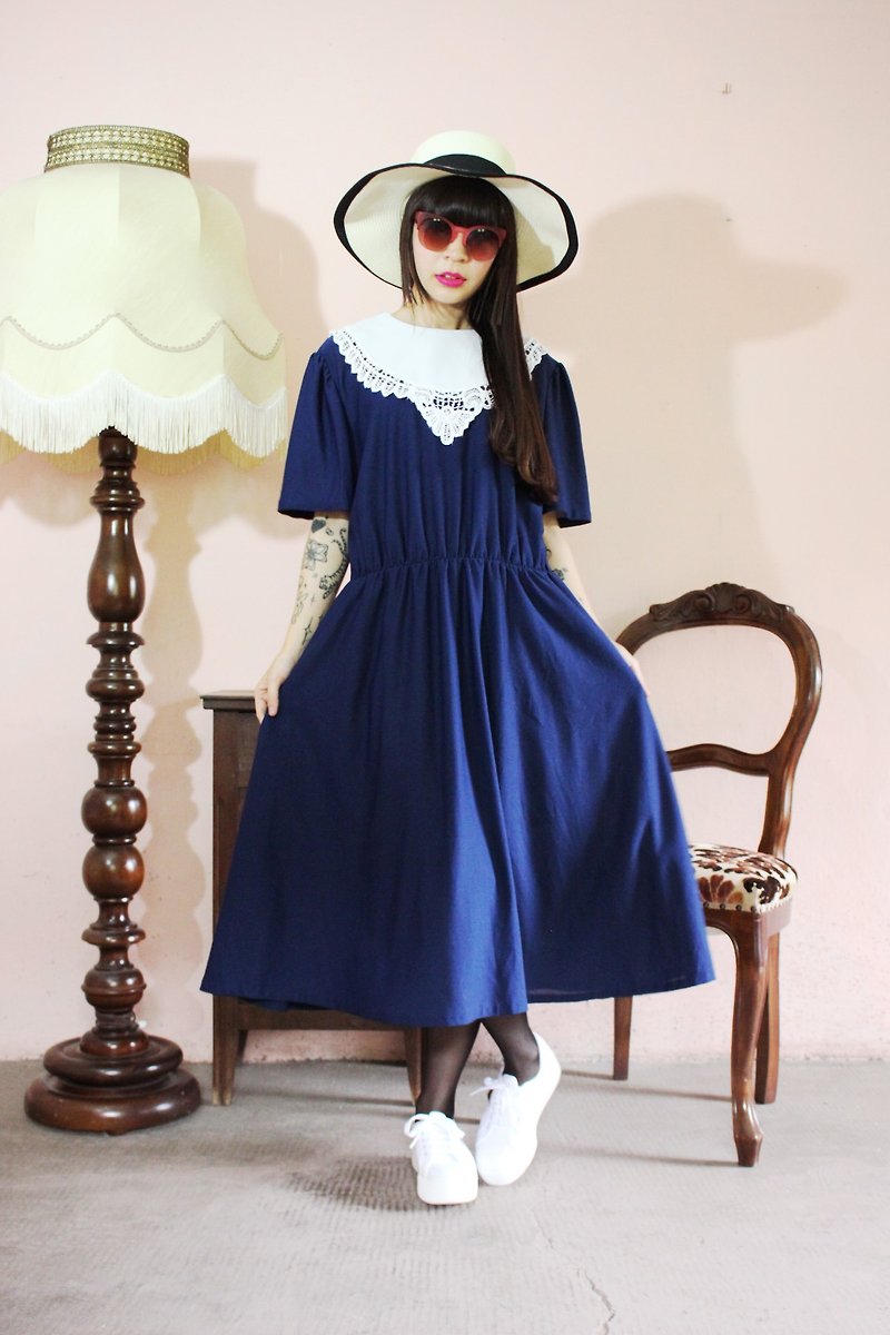F1043 (Vintage) Ohira dark blue collar white lace skirt vintage dress waves - One Piece Dresses - Other Materials Blue