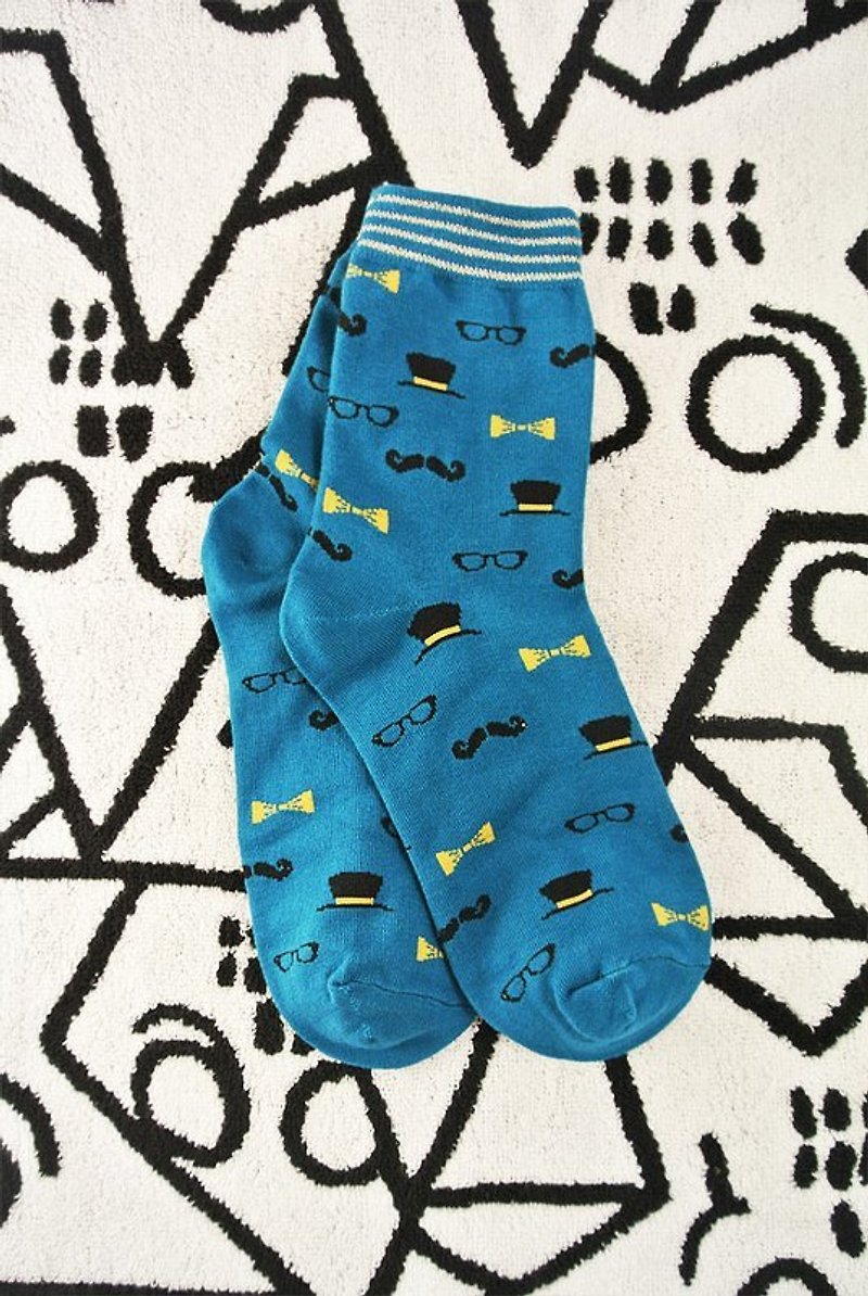 襪．瞪眼睛翹鬍子（藍） - ถุงเท้า - วัสดุอื่นๆ สีน้ำเงิน