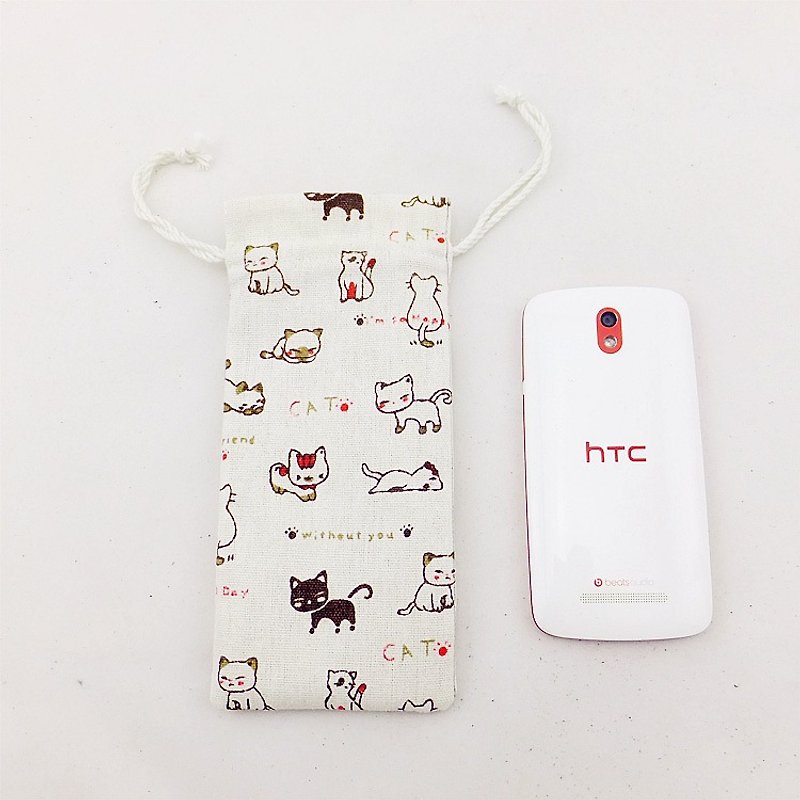 Cell phone pocket glasses bag cute kittens cotton Linen drawstring pouch tote bags can be customized size and embroidered words - Coin Purses - Other Materials 