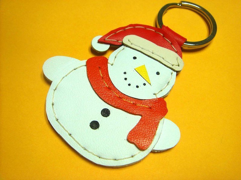 {Leatherprince 手工皮革} 台灣MIT 白色 可愛 雪人 純手工縫製 皮革 鑰匙圈 / Snowman Leather Keychain ( White ) - พวงกุญแจ - หนังแท้ 