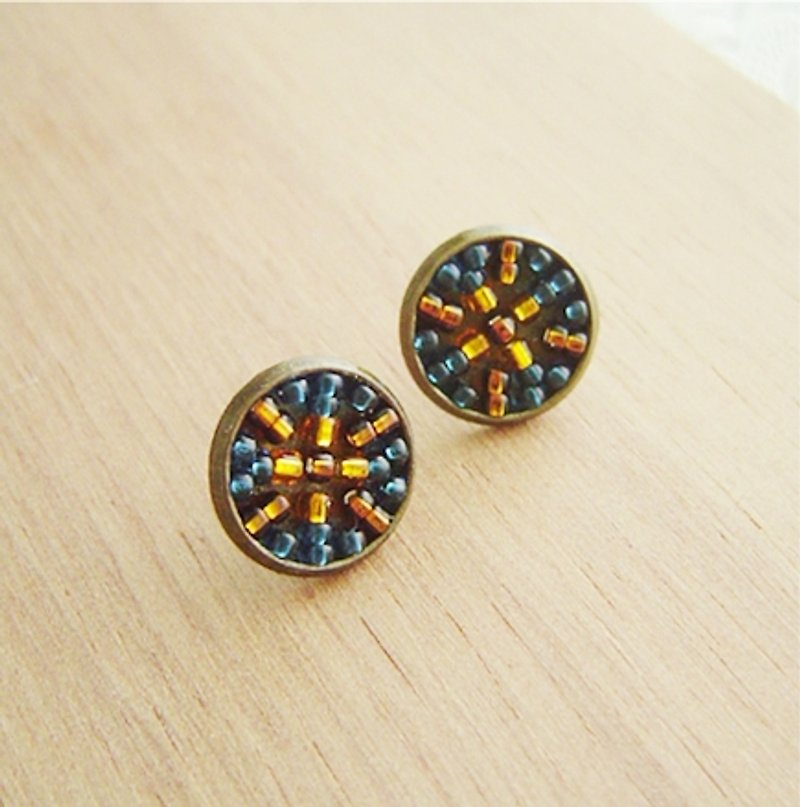 Imprint (blue) ear earrings round classical ornate collage exotic printed indigo small tiles - ต่างหู - โลหะ สีน้ำเงิน