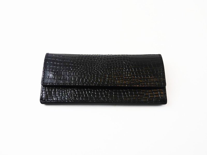YuYu classic retro handmade crocodile embossed leather long folder - กระเป๋าสตางค์ - หนังแท้ สีดำ