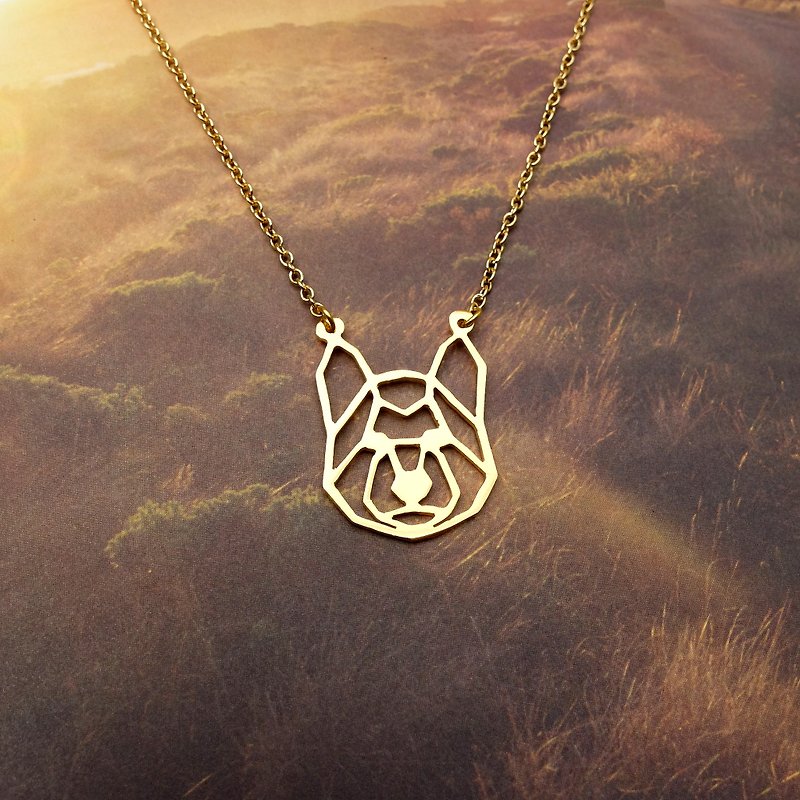 Origami Siberian Husky face brass necklace - Necklaces - Other Metals Gold