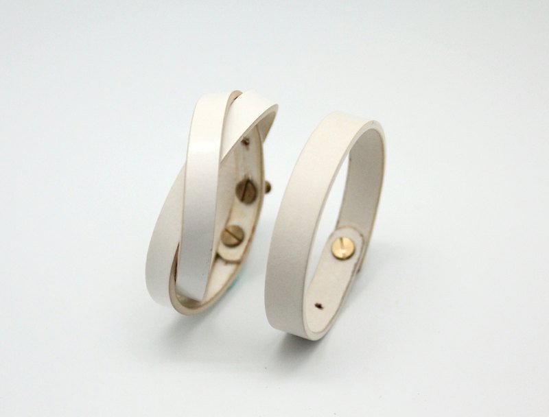黑白配優惠集-「雙繞皮革手環1cm+單條皮革手環1.3cm」組合 - 手鍊/手環 - 真皮 白色