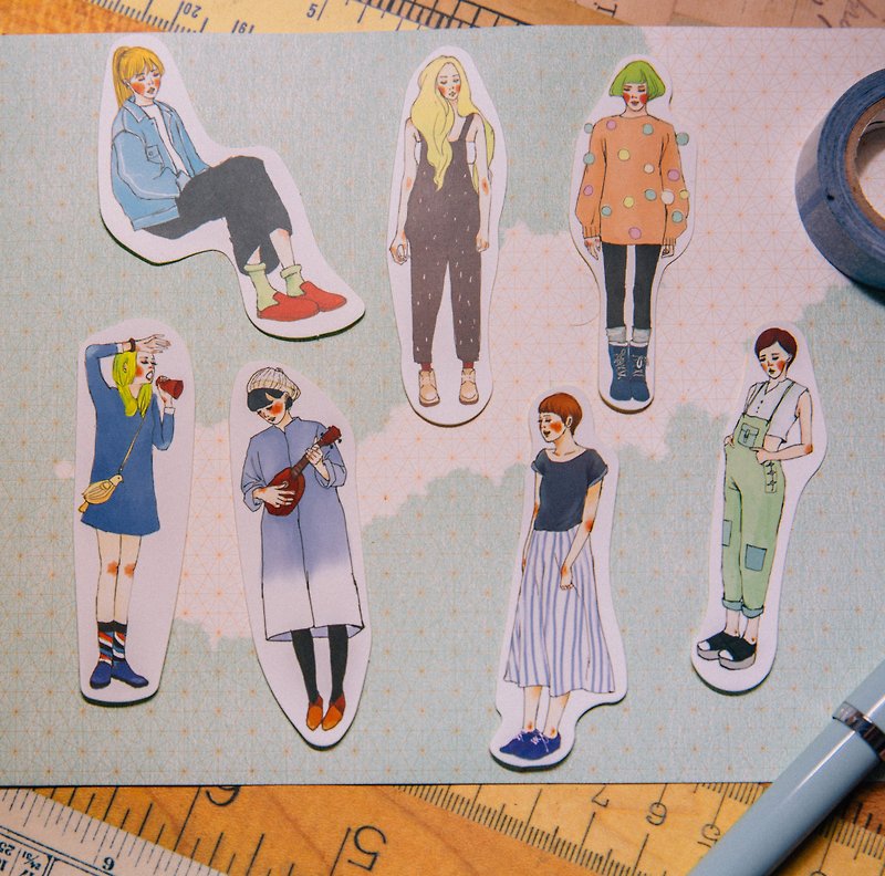 Simple and Stylish series girl pack of 7 stickers - สติกเกอร์ - กระดาษ หลากหลายสี